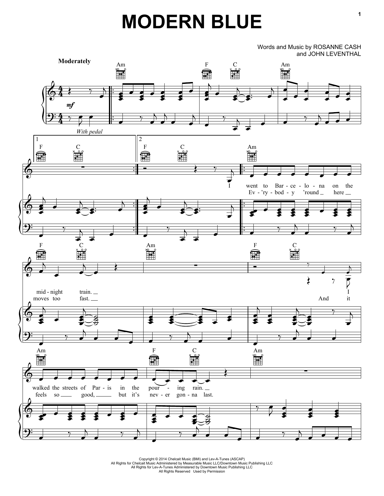 Rosanne Cash Modern Blue sheet music notes and chords arranged for Piano, Vocal & Guitar Chords (Right-Hand Melody)