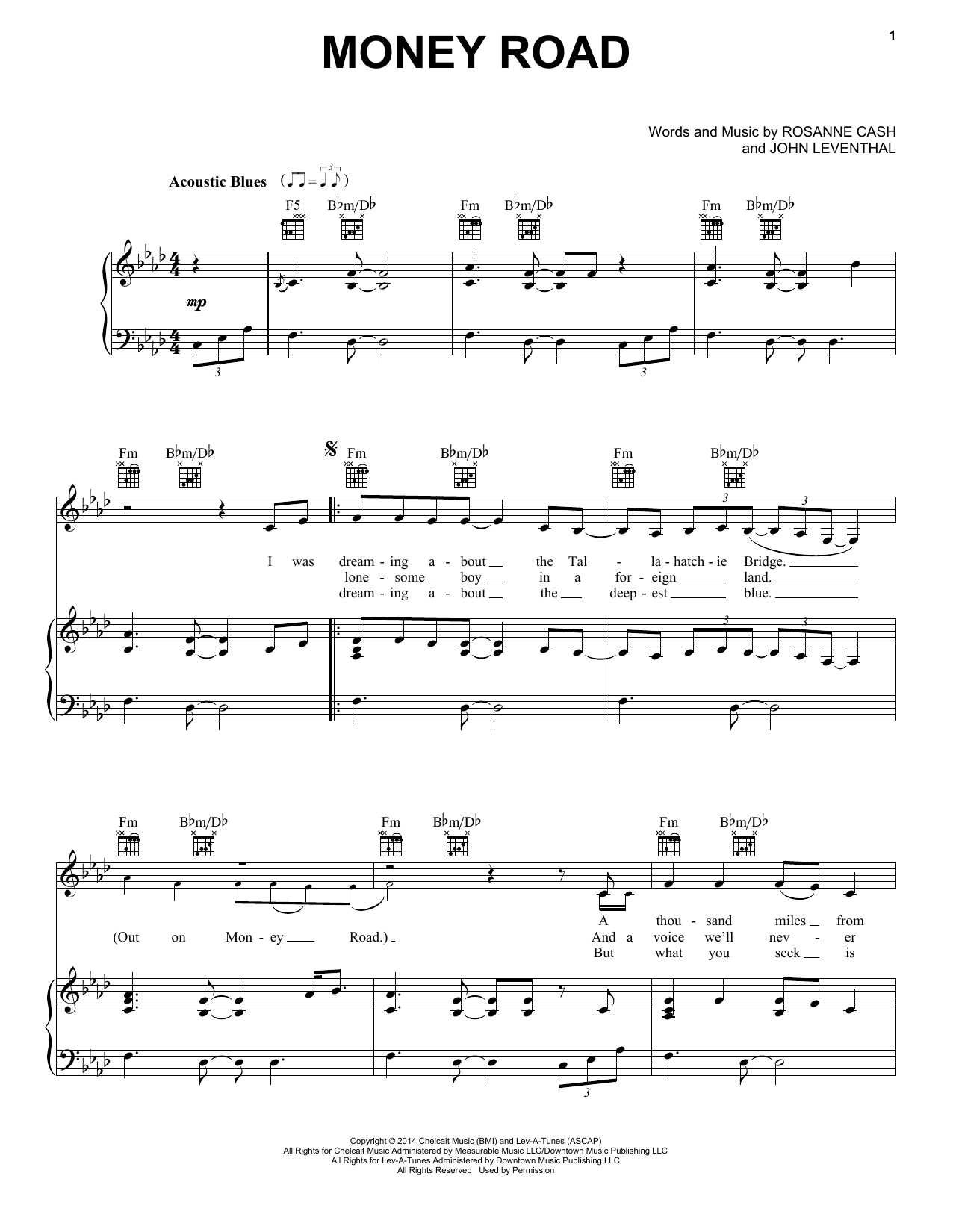 Rosanne Cash Money Road sheet music notes and chords arranged for Piano, Vocal & Guitar Chords (Right-Hand Melody)