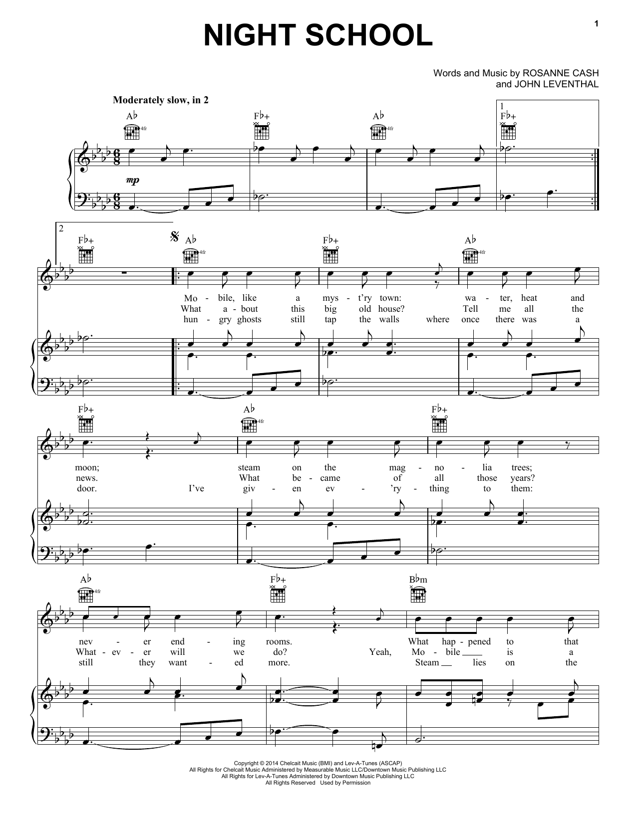 Rosanne Cash Night School sheet music notes and chords arranged for Piano, Vocal & Guitar Chords (Right-Hand Melody)