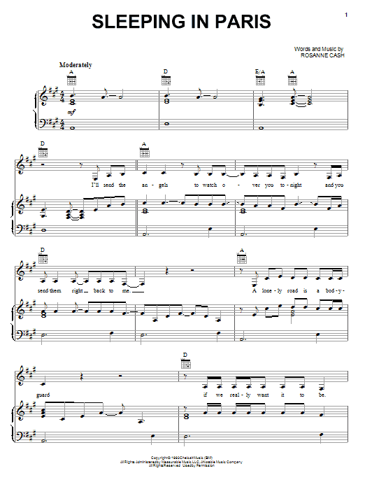 Rosanne Cash Sleeping In Paris sheet music notes and chords arranged for Piano, Vocal & Guitar Chords (Right-Hand Melody)