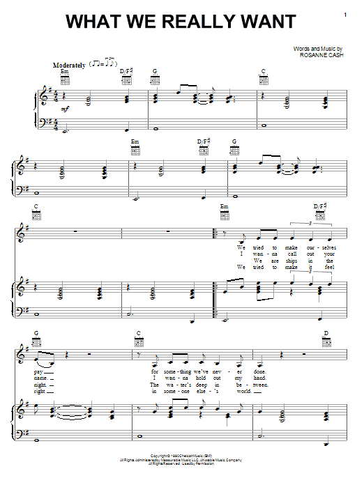 Rosanne Cash What We Really Want sheet music notes and chords arranged for Piano, Vocal & Guitar Chords (Right-Hand Melody)