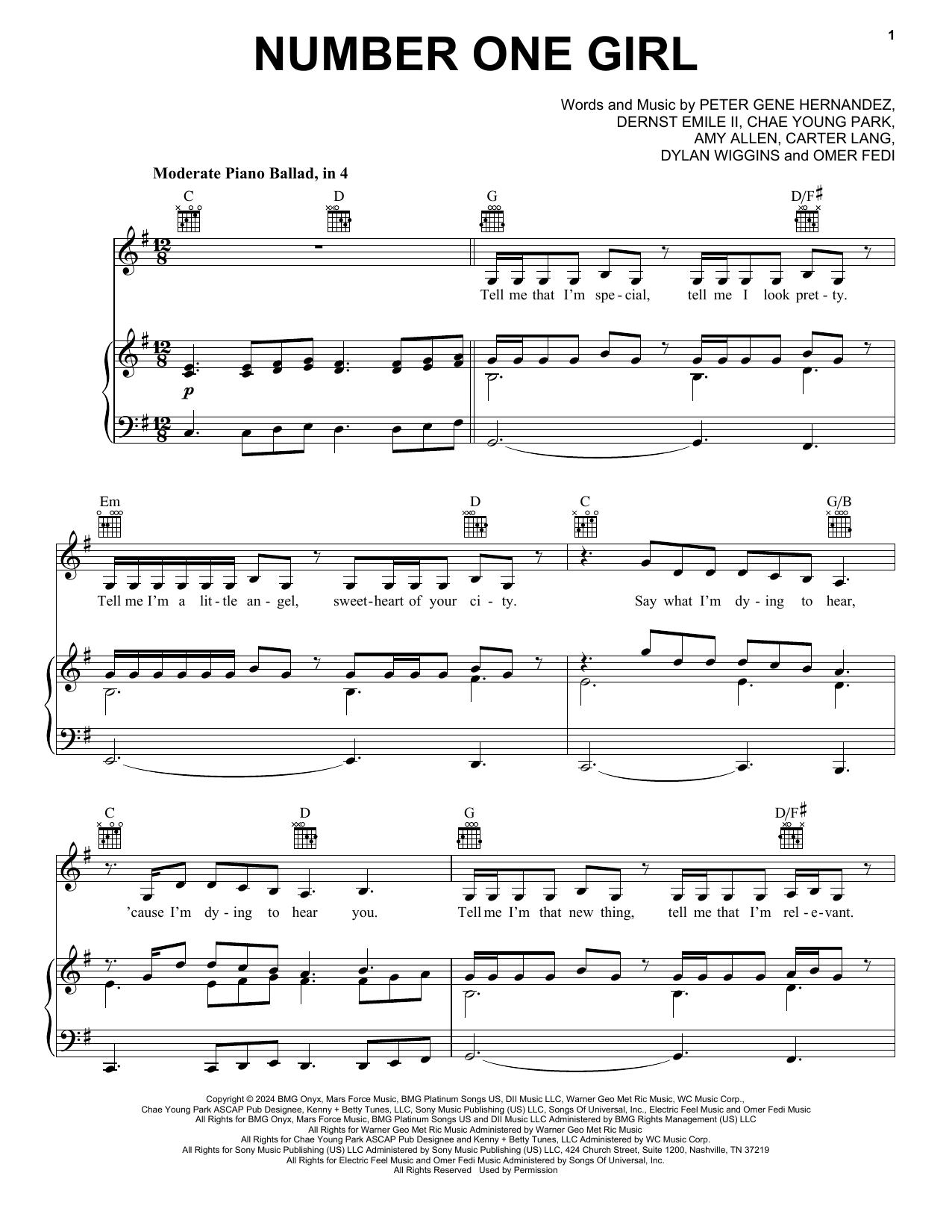 ROSÉ number one girl sheet music notes and chords arranged for Piano, Vocal & Guitar Chords (Right-Hand Melody)