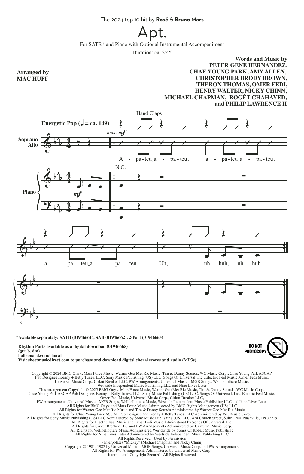 ROSÉ & Bruno Mars APT. (arr. Mac Huff) sheet music notes and chords arranged for 2-Part Choir