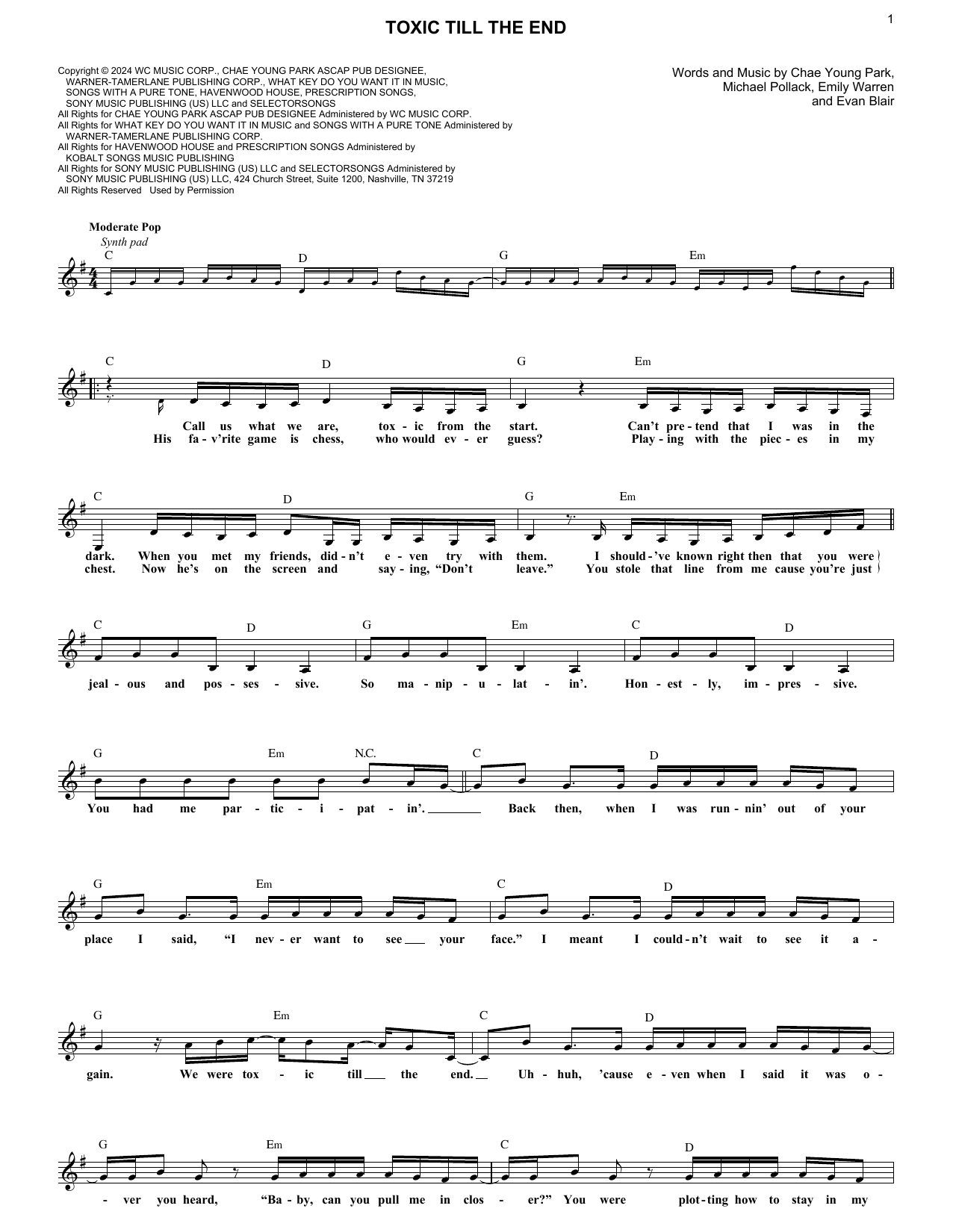 Rosé toxic till the end sheet music notes and chords arranged for Lead Sheet / Fake Book
