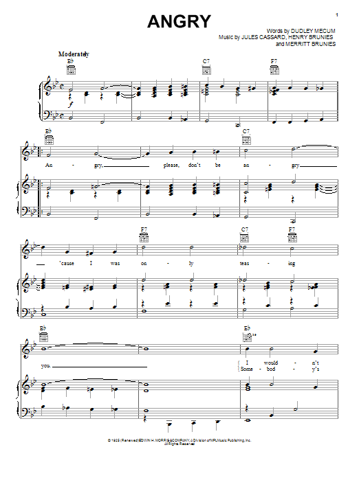 Rosemary Clooney Angry sheet music notes and chords arranged for Piano, Vocal & Guitar Chords (Right-Hand Melody)