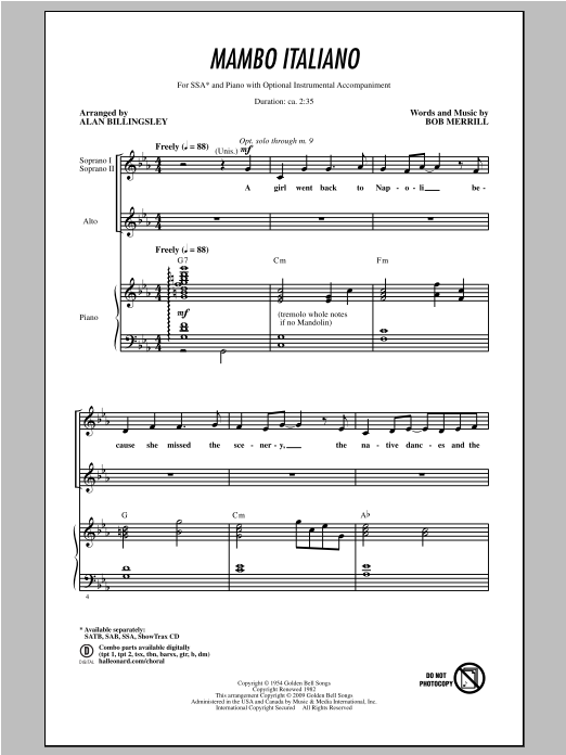 Bob Merrill Mambo Italiano (arr. Alan Billingsley) sheet music notes and chords arranged for SSA Choir