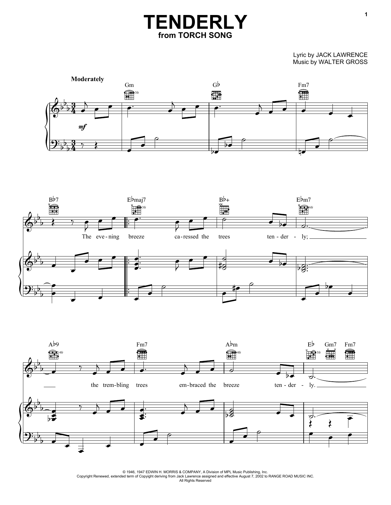 Rosemary Clooney Tenderly sheet music notes and chords arranged for Piano, Vocal & Guitar Chords (Right-Hand Melody)