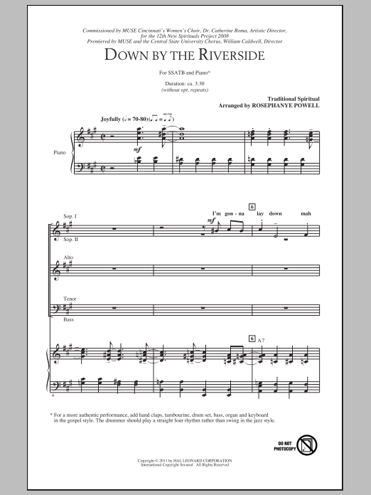Rosephanye Powell Down By The Riverside sheet music notes and chords arranged for SATB Choir