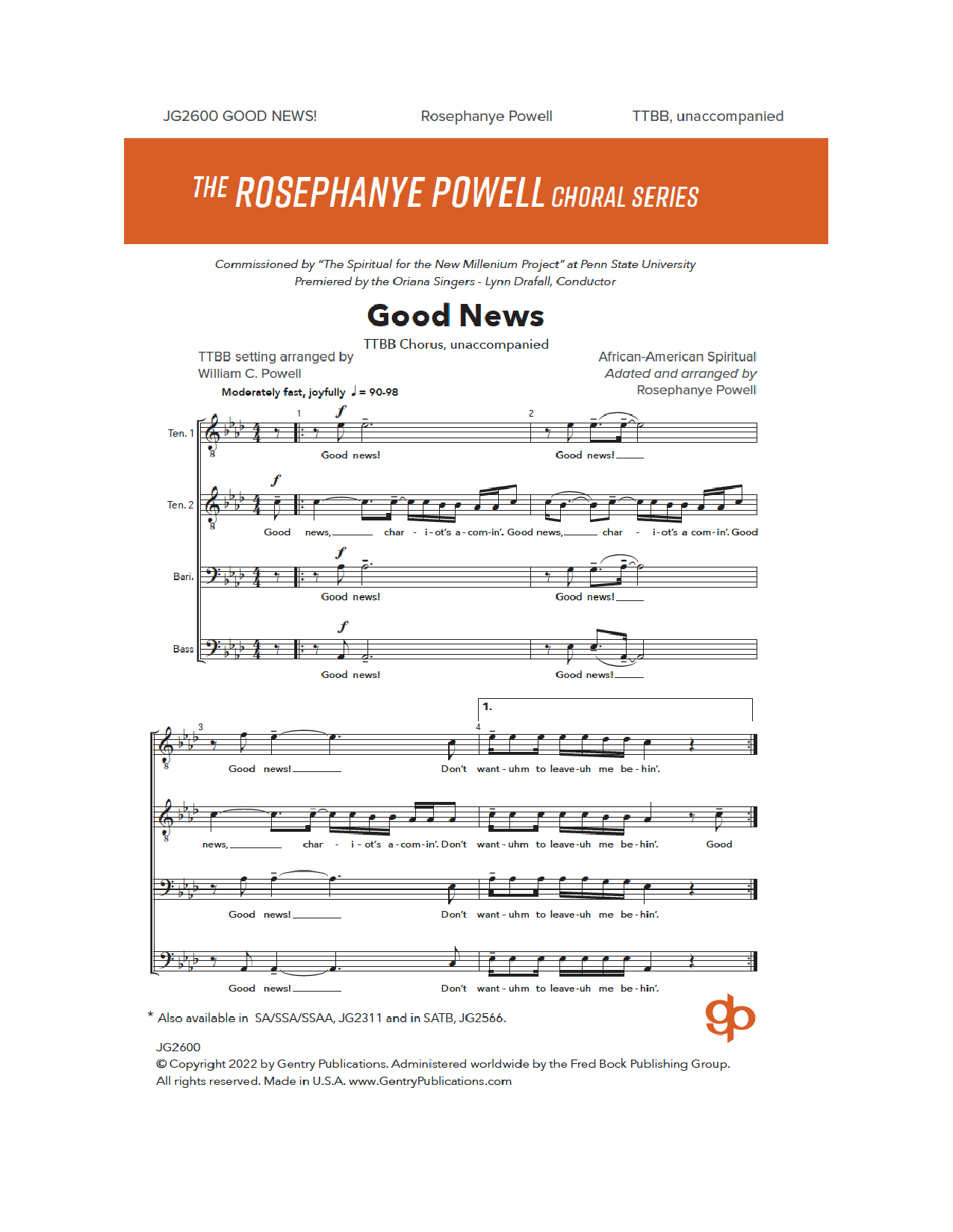 Rosephanye Powell Good News sheet music notes and chords arranged for TTBB Choir