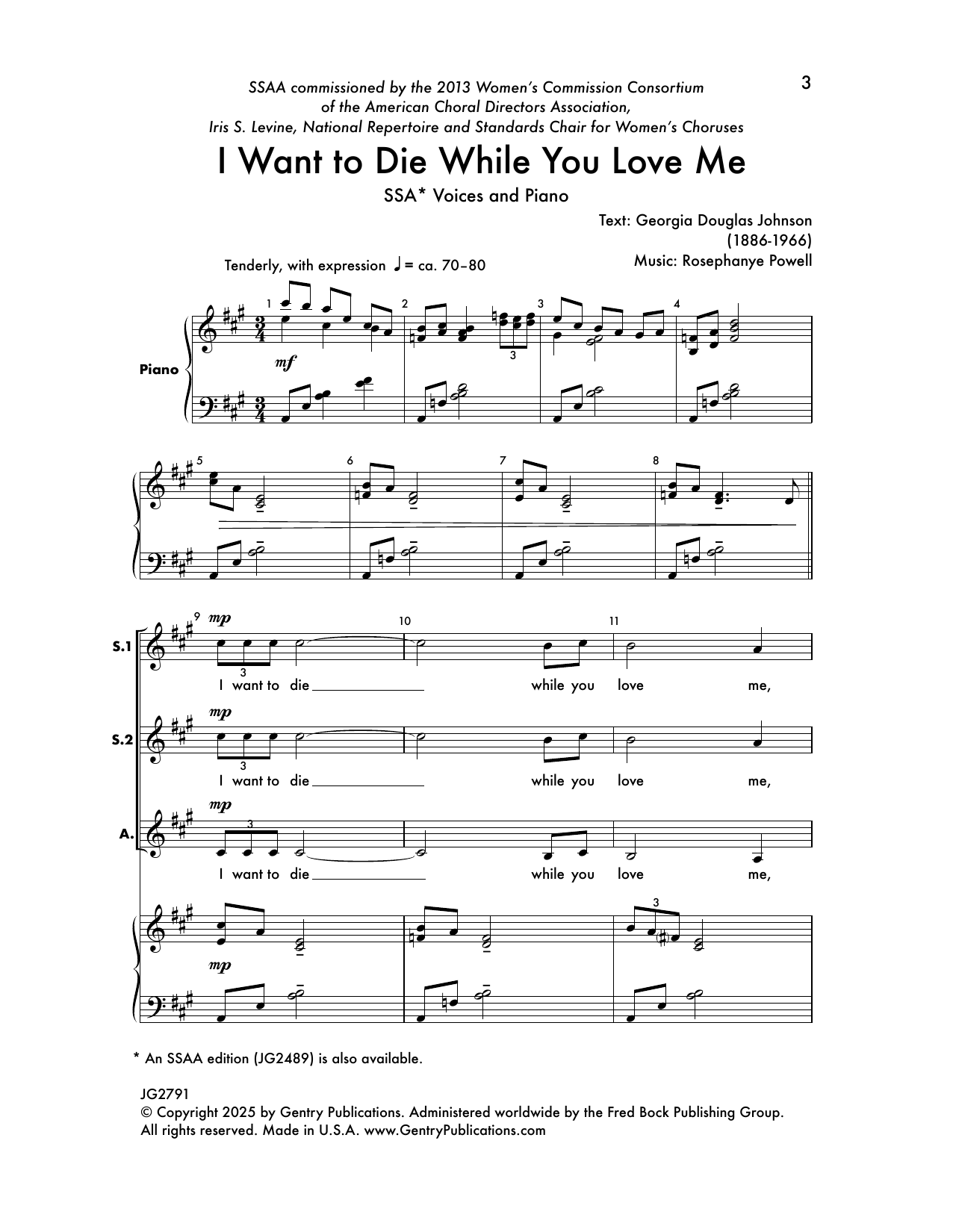 Rosephanye Powell I Want to Die While You Love Me sheet music notes and chords arranged for SSA Choir
