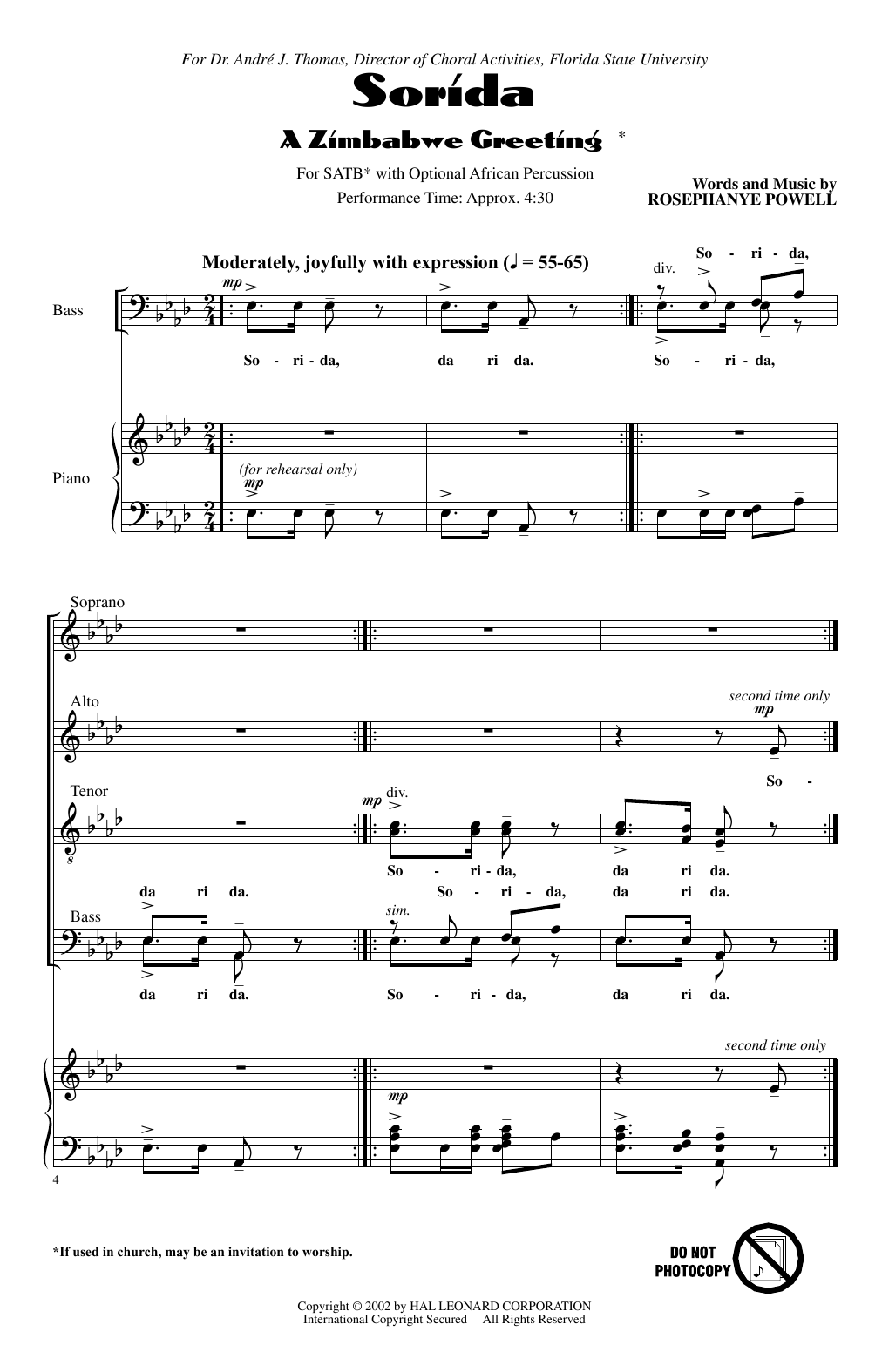 Rosephanye Powell Sorida (A Zimbabwe Greeting) sheet music notes and chords arranged for SATB Choir