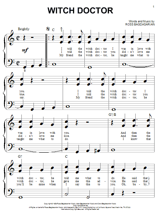 Ross Bagdasarian Witch Doctor sheet music notes and chords arranged for Big Note Piano