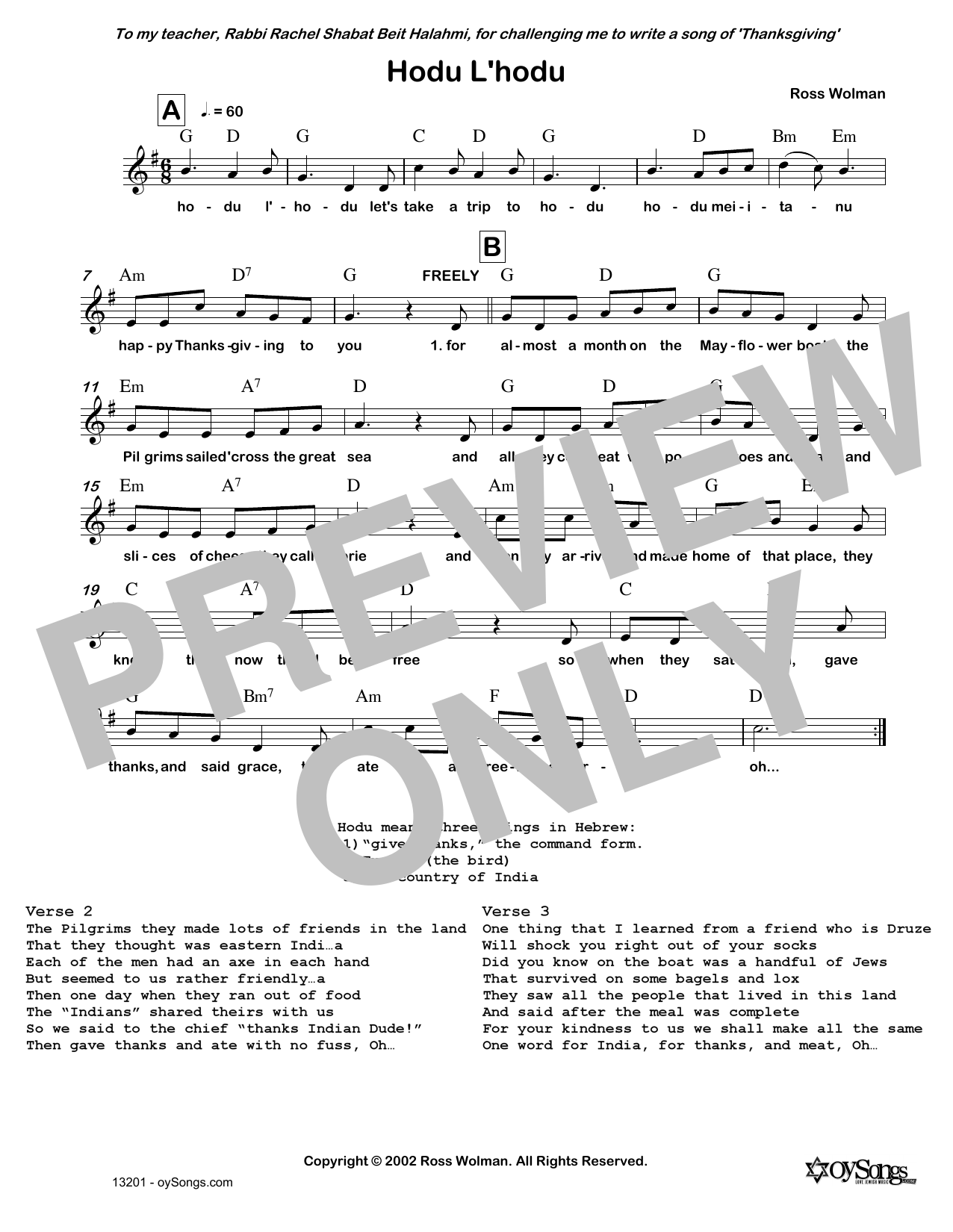 Ross Wolman Hodu L'hodu sheet music notes and chords arranged for Lead Sheet / Fake Book