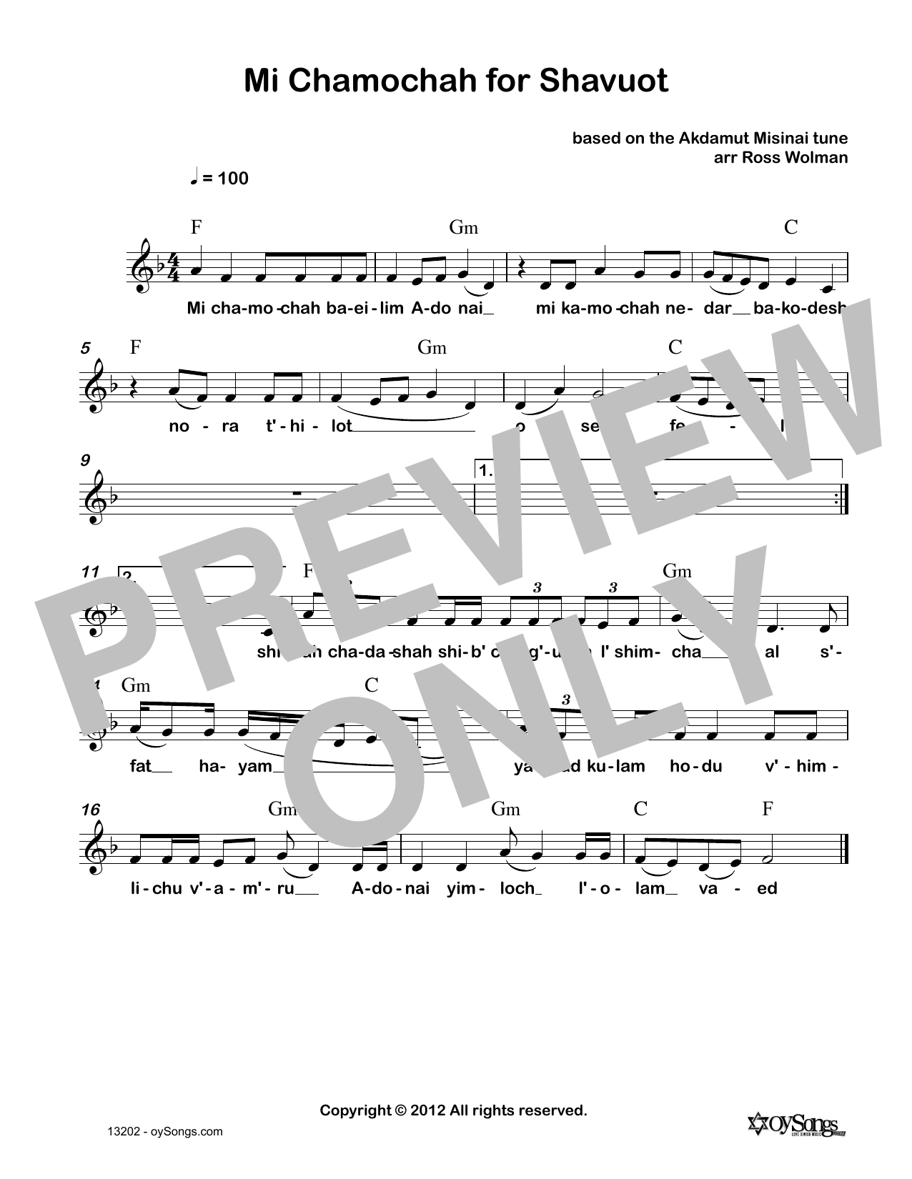 Ross Wolman Mi Chamochah for Shavuot sheet music notes and chords arranged for Lead Sheet / Fake Book