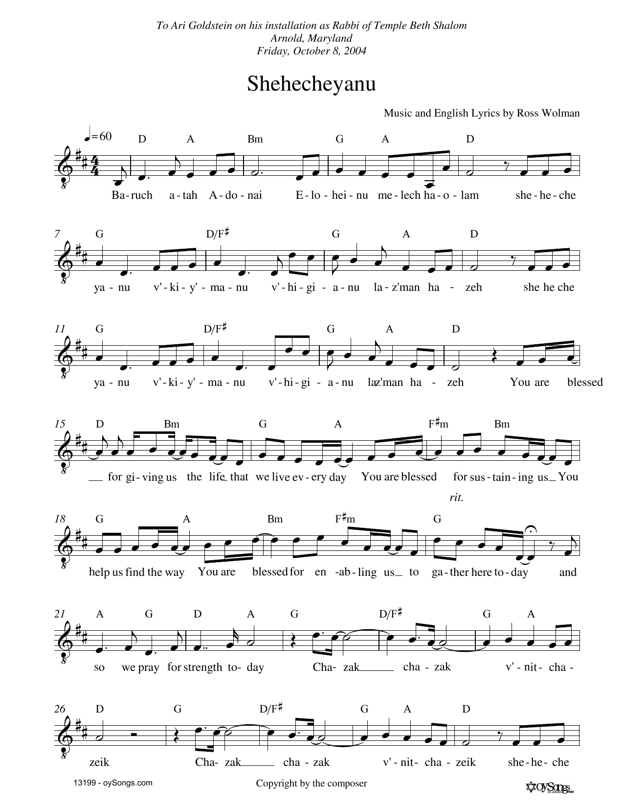 Ross Wolman Shehechaynu sheet music notes and chords arranged for Lead Sheet / Fake Book