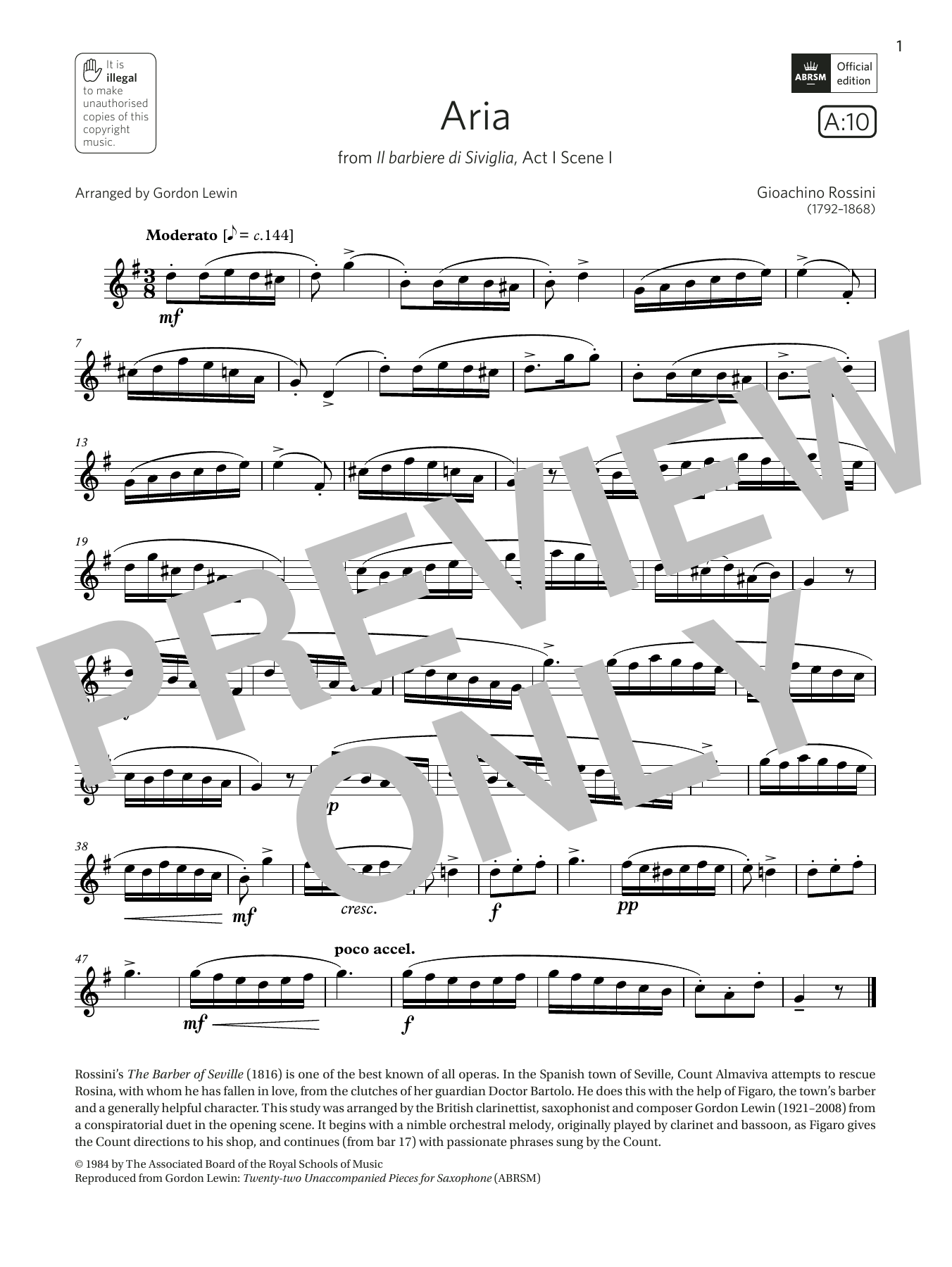 Rossini Aria (from Il barbiere di Siviglia)  (Grade 5 List A10 from the ABRSM Saxophone syllabus from 2022) sheet music notes and chords arranged for Alto Sax Solo