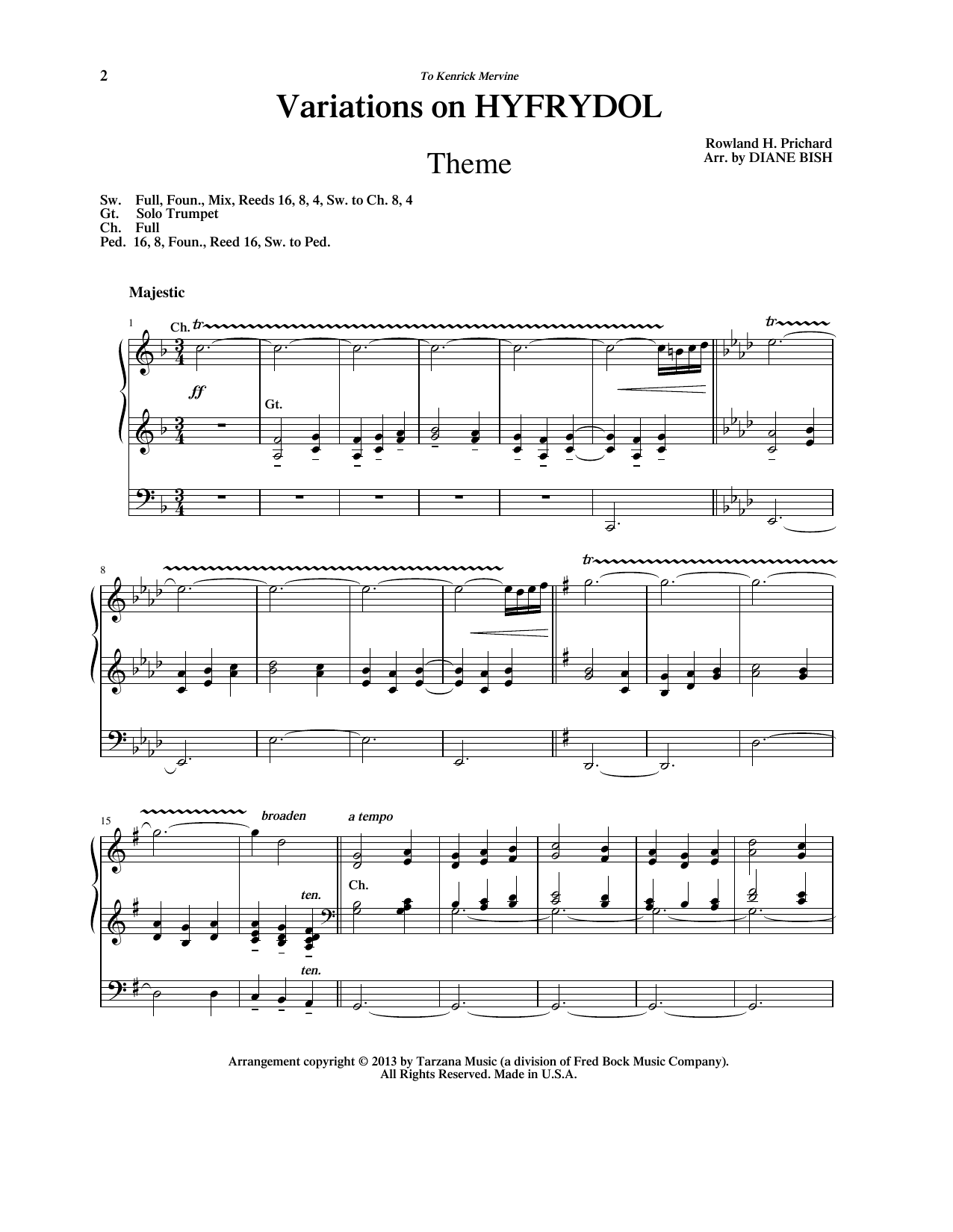 Rowland H. Prichard Variations on Hyfrydol (arr. Diane Bish) sheet music notes and chords arranged for Organ