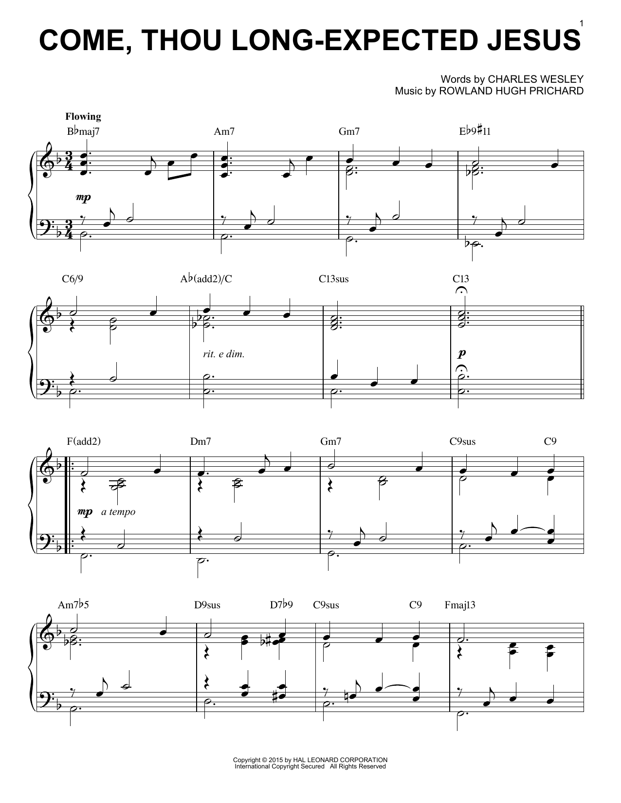 Rowland Hugh Prichard Come, Thou Long-Expected Jesus [Jazz version] (arr. Brent Edstrom) sheet music notes and chords arranged for Piano Solo