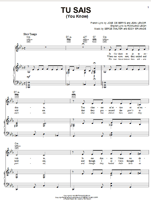 Rowland Leigh Tu Sais (You Know) sheet music notes and chords arranged for Piano, Vocal & Guitar Chords (Right-Hand Melody)