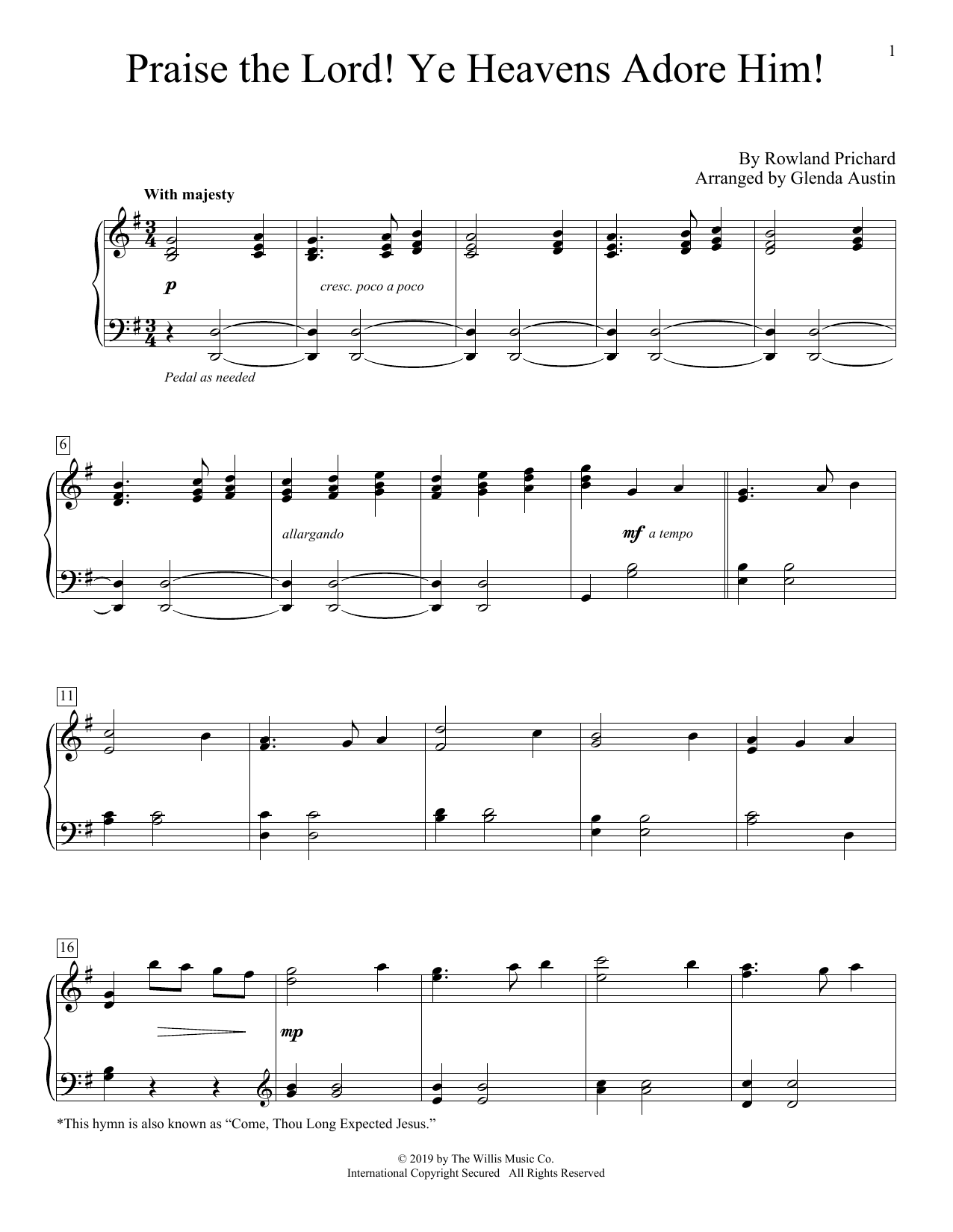 Rowland Prichard Praise The Lord! Ye Heavens Adore Him! (arr. Glenda Austin) sheet music notes and chords arranged for Educational Piano