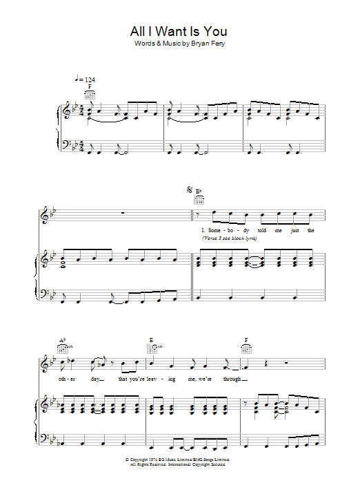 Roxy Music All I Want Is You sheet music notes and chords arranged for Piano, Vocal & Guitar Chords