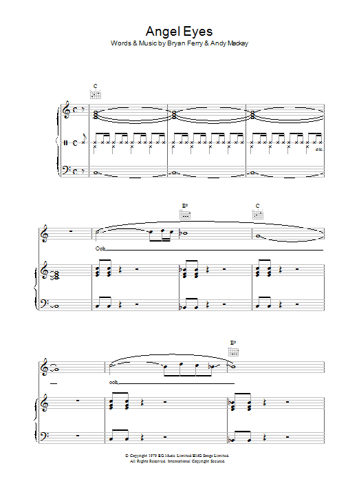 Roxy Music Angel Eyes sheet music notes and chords arranged for Piano, Vocal & Guitar Chords