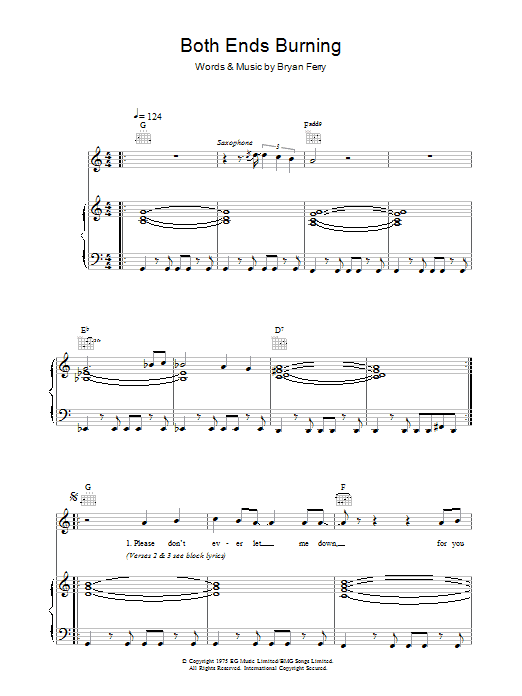Roxy Music Both Ends Burning sheet music notes and chords arranged for Piano, Vocal & Guitar Chords