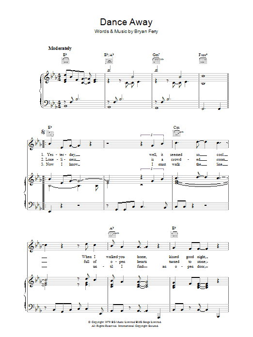 Roxy Music Dance Away sheet music notes and chords arranged for Piano, Vocal & Guitar Chords