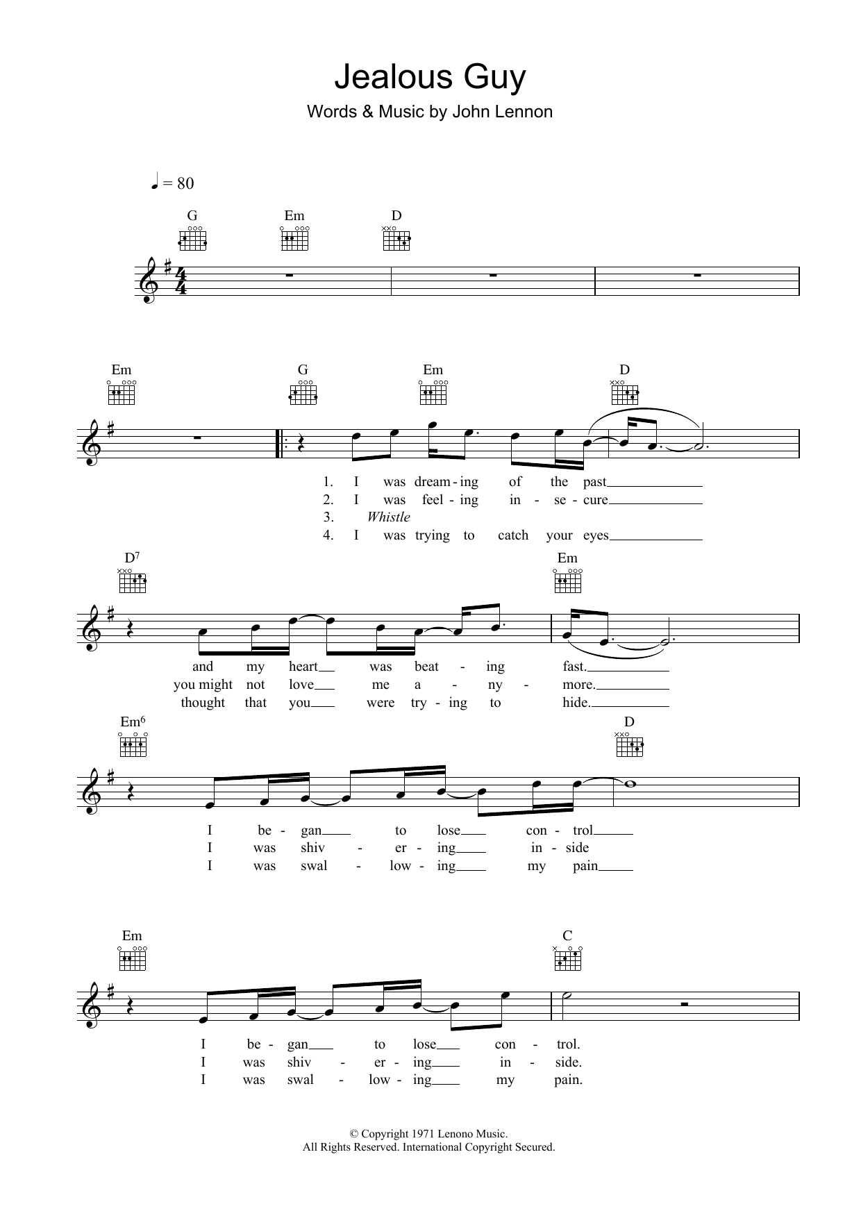 Roxy Music Jealous Guy sheet music notes and chords arranged for Lead Sheet / Fake Book