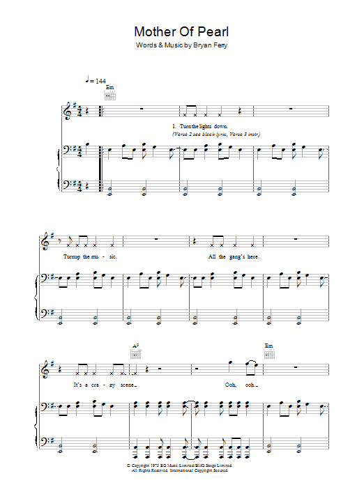 Roxy Music Mother Of Pearl sheet music notes and chords arranged for Piano, Vocal & Guitar Chords