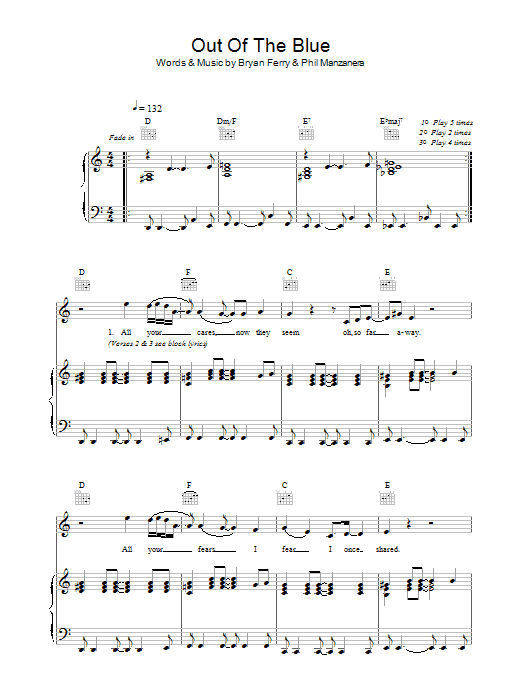 Roxy Music Out Of The Blue sheet music notes and chords arranged for Piano, Vocal & Guitar Chords