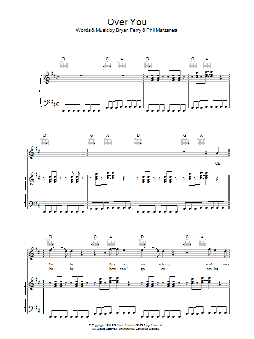 Roxy Music Over You sheet music notes and chords arranged for Piano, Vocal & Guitar Chords