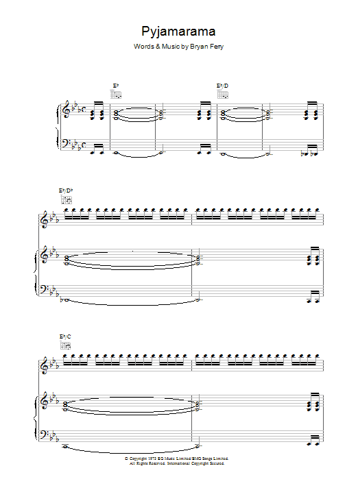 Roxy Music Pyjamarama sheet music notes and chords arranged for Piano, Vocal & Guitar Chords