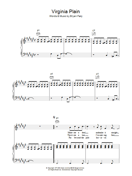 Roxy Music Virginia Plain sheet music notes and chords arranged for Piano, Vocal & Guitar Chords