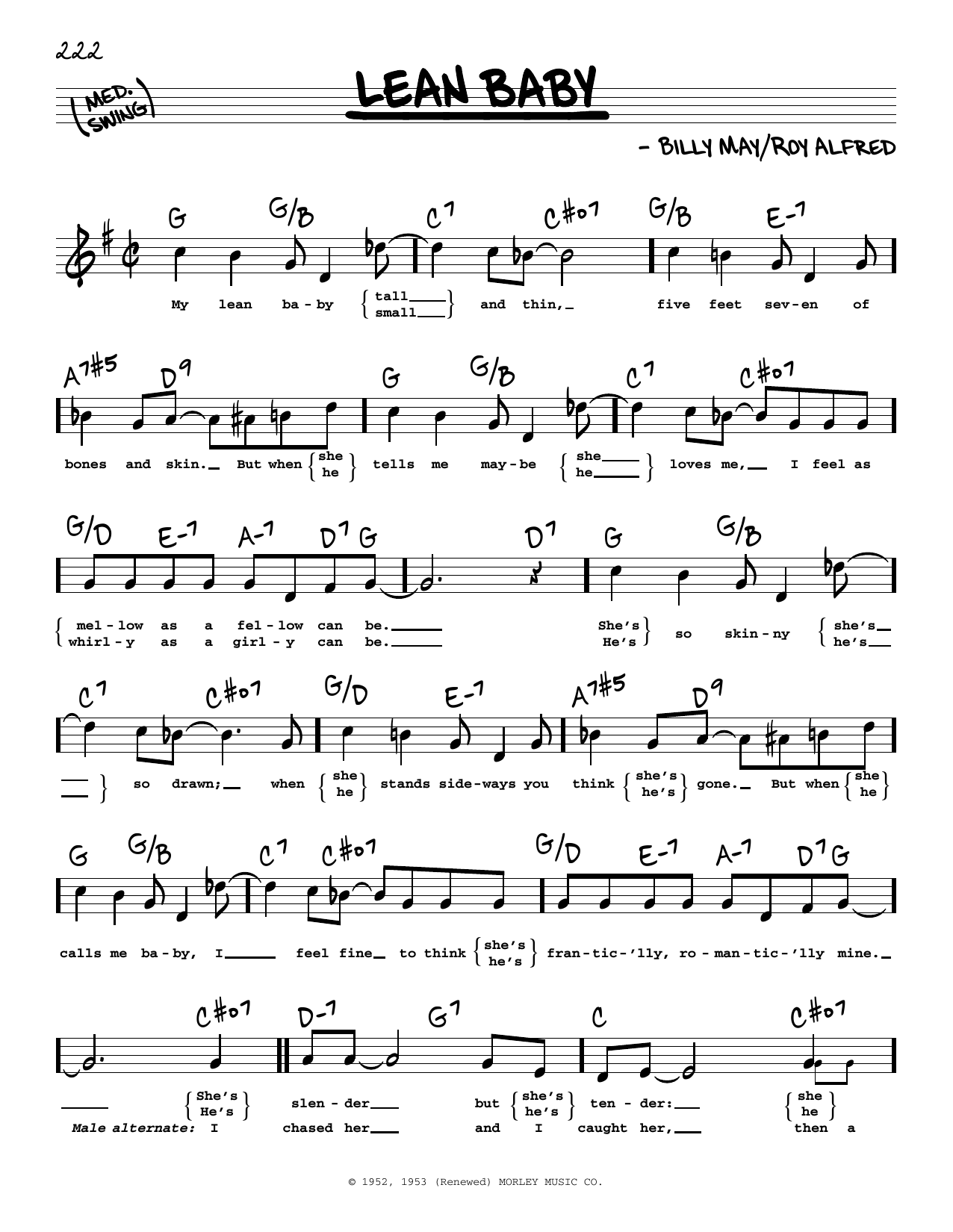 Roy Alfred Lean Baby (High Voice) sheet music notes and chords arranged for Real Book – Melody, Lyrics & Chords