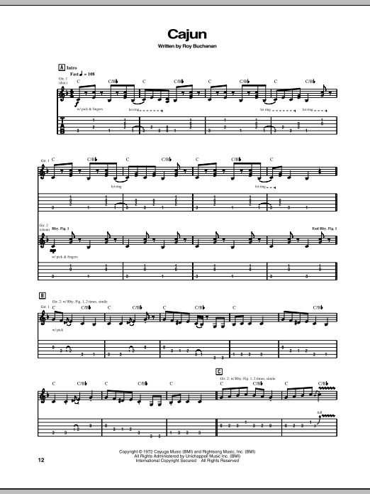 Roy Buchanan Cajun sheet music notes and chords arranged for Guitar Tab