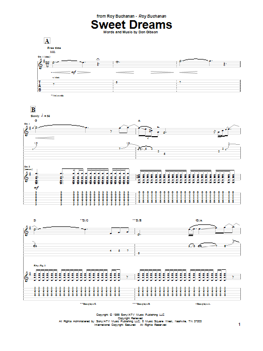 Roy Buchanan Sweet Dreams sheet music notes and chords arranged for Guitar Tab