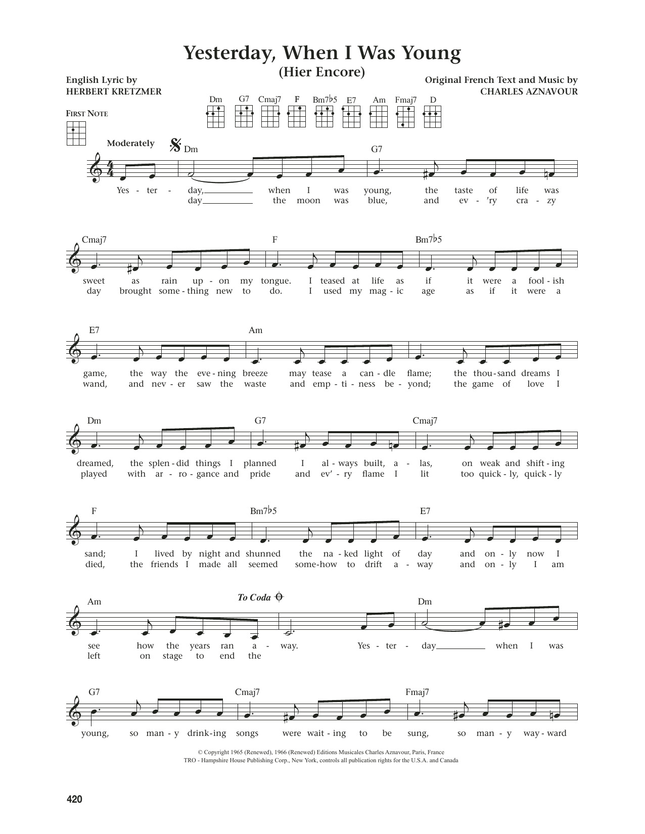 Roy Clark Yesterday, When I Was Young (Hier Encore) (from The Daily Ukulele) (arr. Jim Beloff) sheet music notes and chords arranged for Ukulele