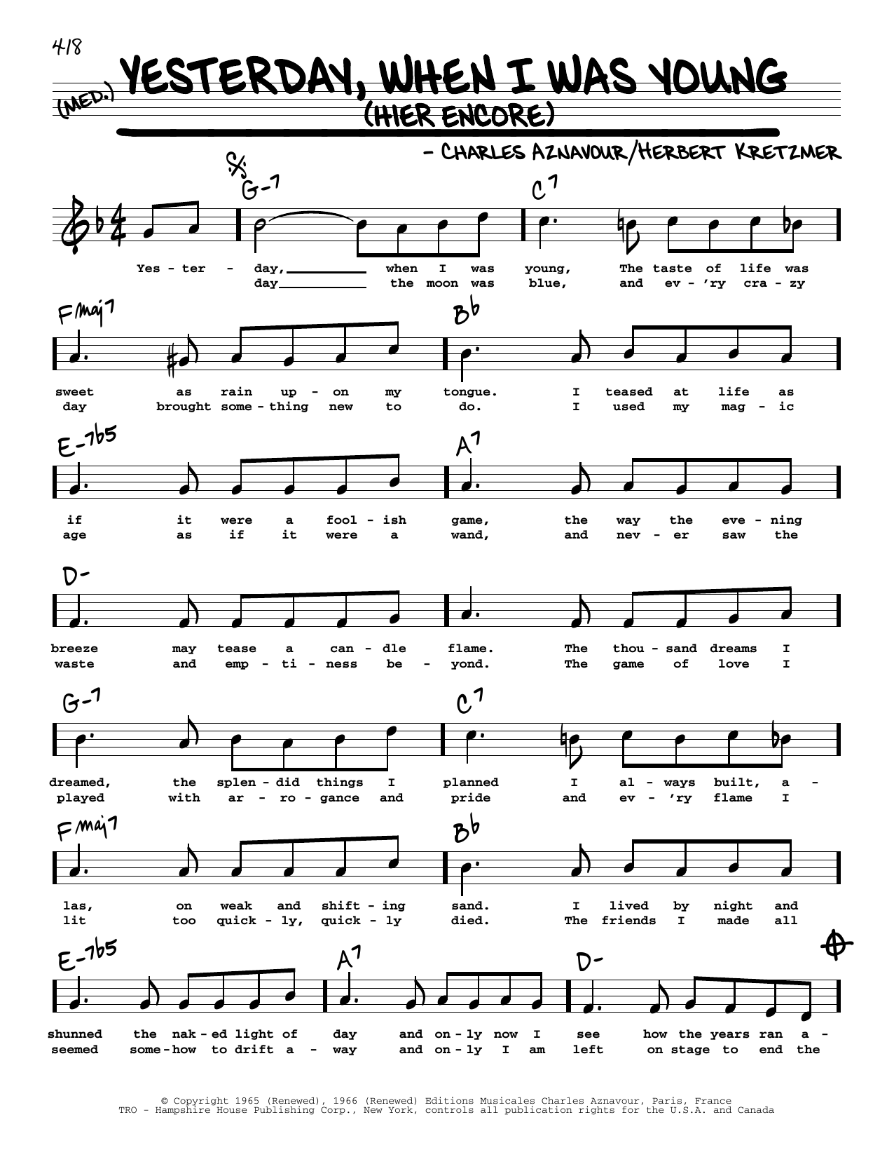 Roy Clark Yesterday, When I Was Young (Hier Encore) (High Voice) sheet music notes and chords arranged for Real Book – Melody, Lyrics & Chords