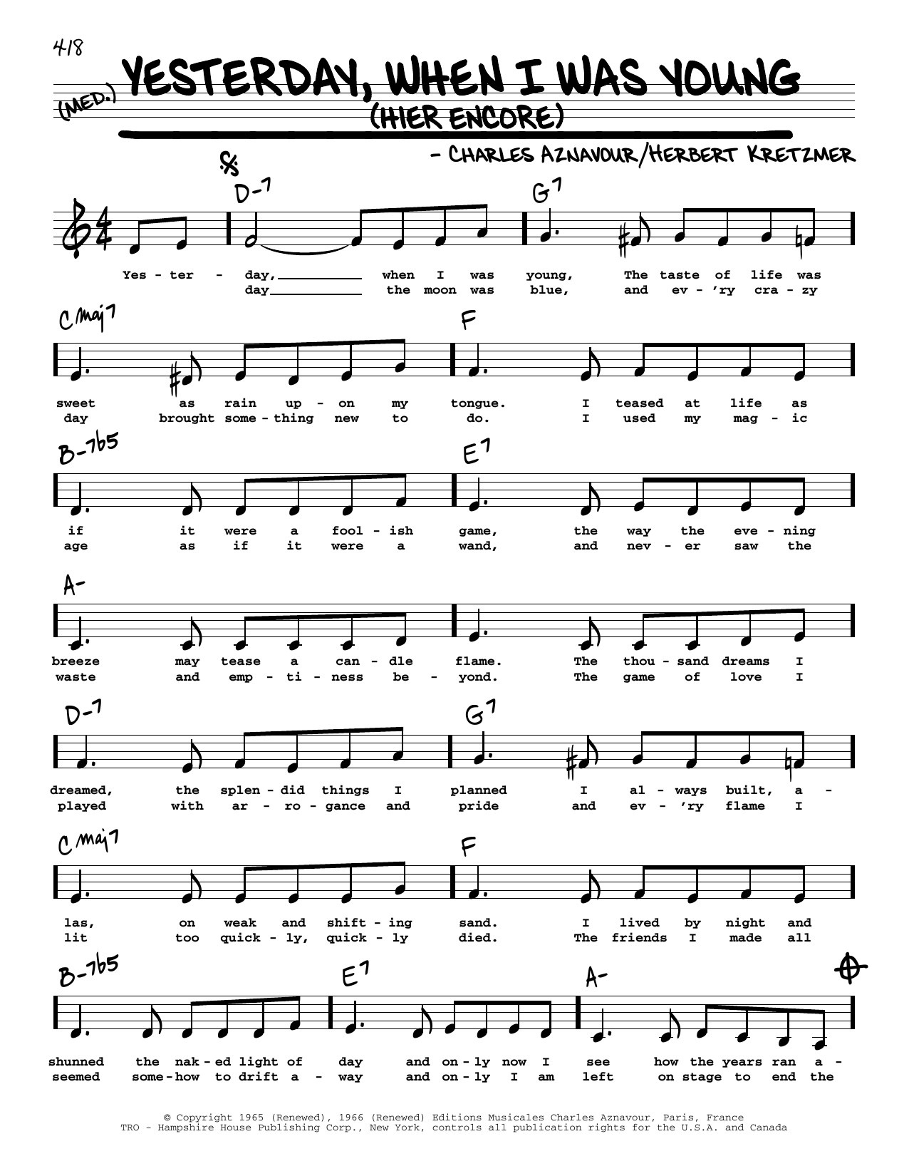 Roy Clark Yesterday, When I Was Young (Hier Encore) (Low Voice) sheet music notes and chords arranged for Real Book – Melody, Lyrics & Chords