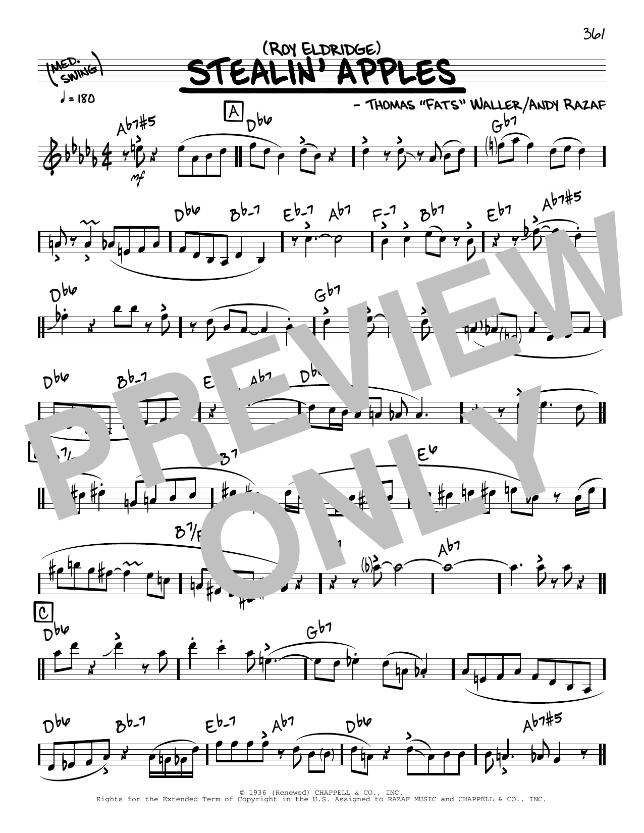 Roy Eldridge Stealin' Apples (solo only) sheet music notes and chords arranged for Real Book – Melody & Chords