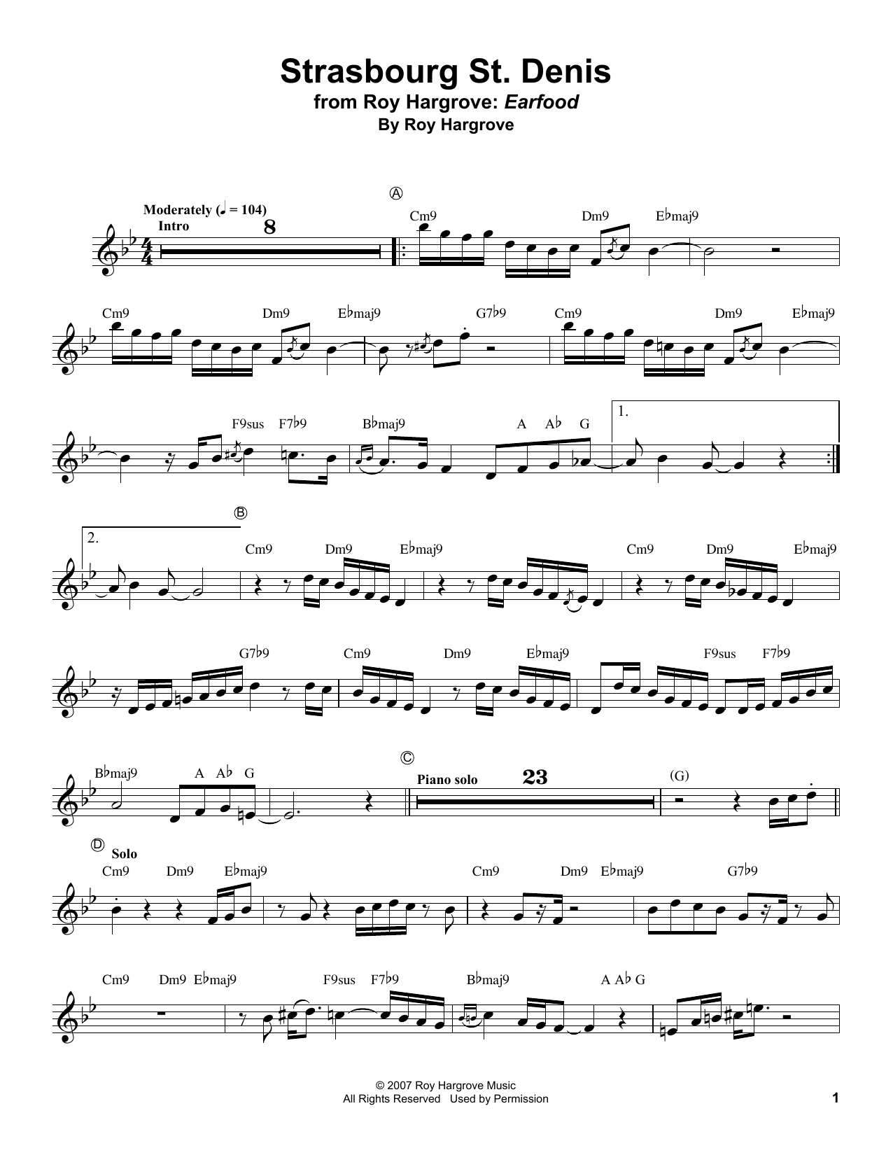 Roy Hargrove Strasbourg / St. Denis sheet music notes and chords arranged for Trumpet Transcription