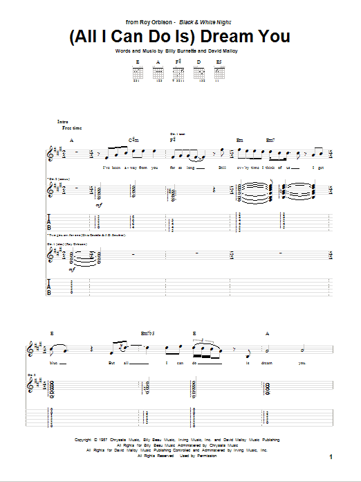 Roy Orbison (All I Can Do Is) Dream You sheet music notes and chords arranged for Piano, Vocal & Guitar Chords (Right-Hand Melody)