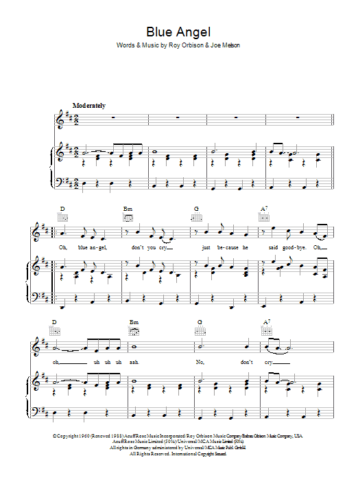 Roy Orbison Blue Angel sheet music notes and chords arranged for Piano, Vocal & Guitar Chords