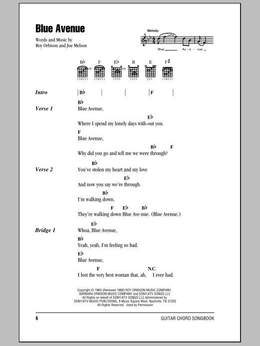 Roy Orbison Blue Avenue sheet music notes and chords arranged for Guitar Chords/Lyrics