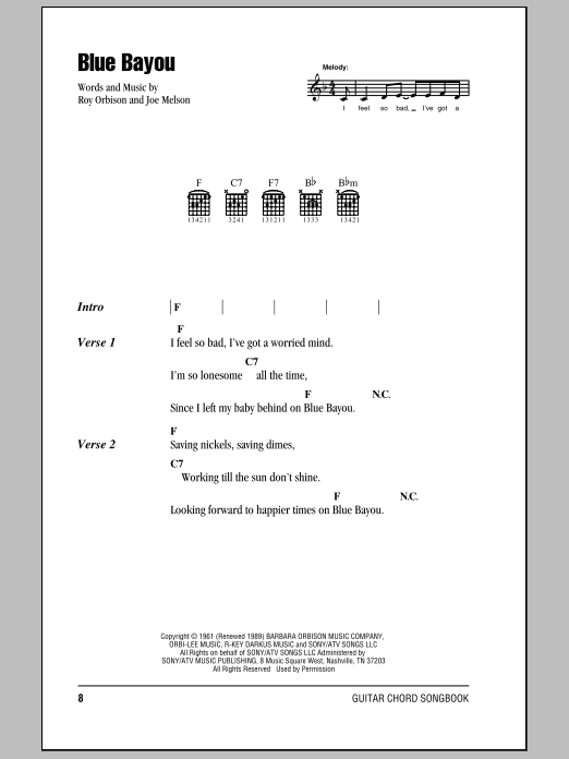 Roy Orbison Blue Bayou sheet music notes and chords arranged for Guitar Chords/Lyrics
