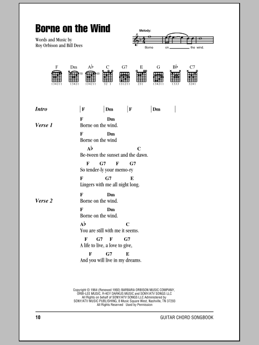 Roy Orbison Borne On The Wind sheet music notes and chords arranged for Guitar Chords/Lyrics