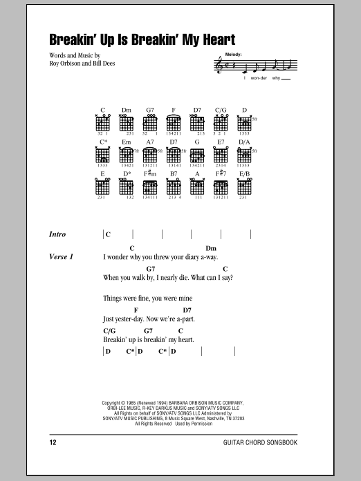 Roy Orbison Breakin' Up Is Breakin' My Heart sheet music notes and chords arranged for Guitar Chords/Lyrics
