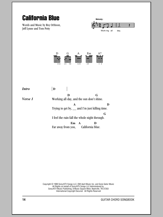 Roy Orbison California Blue sheet music notes and chords arranged for Guitar Chords/Lyrics