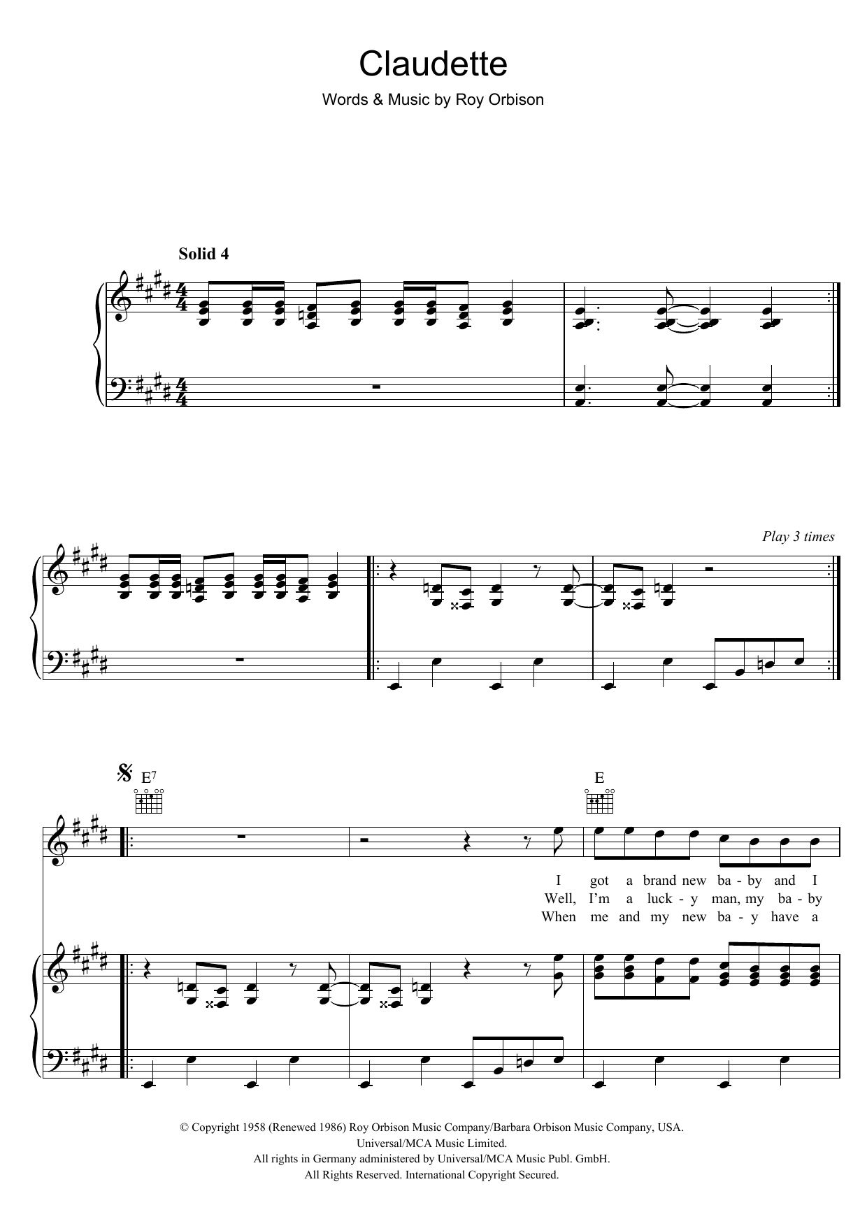 Roy Orbison Claudette sheet music notes and chords arranged for Piano, Vocal & Guitar Chords